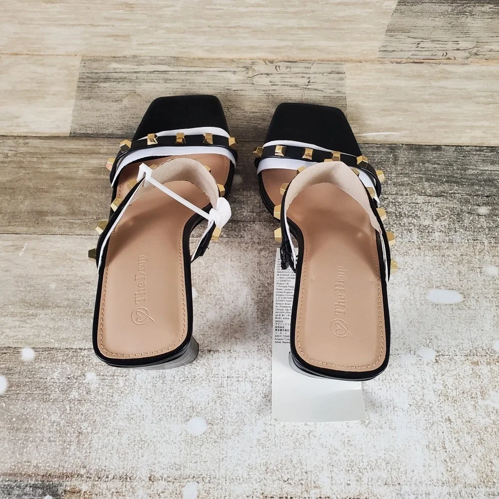The Drop Black Studded Avery Heels Sz 8.5 Square Toe Slip On‎ High Heeled Sandal